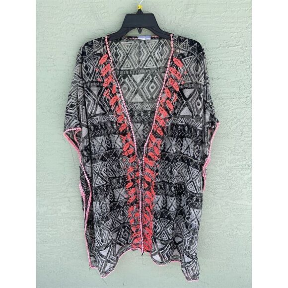 JC Swim by Just Class Other - JC Swim Bohemian Fringe Kimono Cardigan Black/White Pink Tassels OSFM